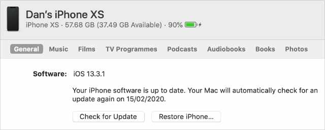 iPhone iOS programinės įrangos atnaujinimo parinktys iš Finder arba iTunes kompiuteryje