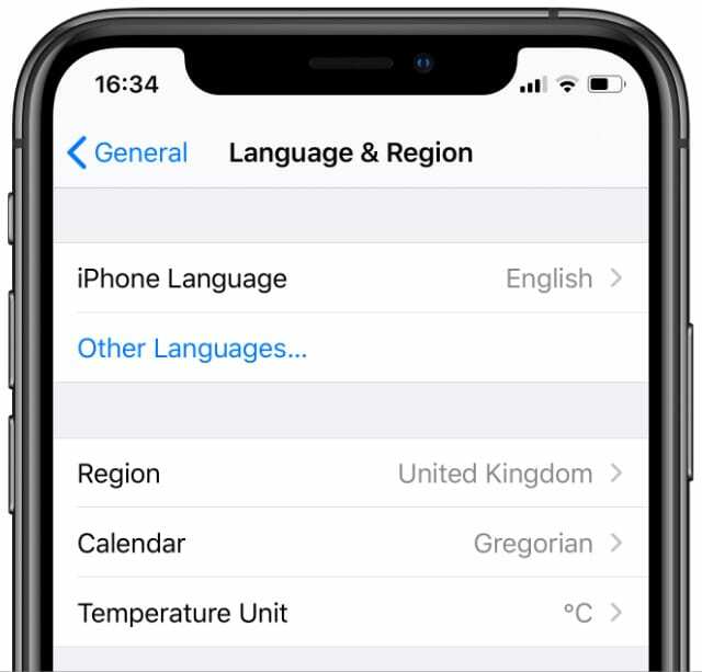 iPhone'i keele ja piirkonna sätted inglise keelega