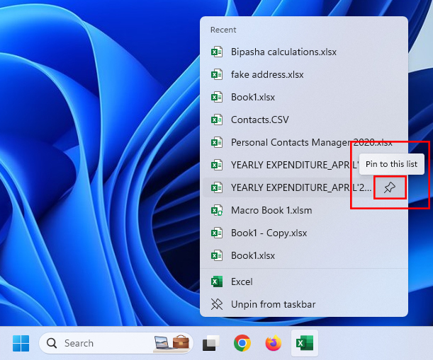 O comando Pin to this list na barra de tarefas do Windows 11
