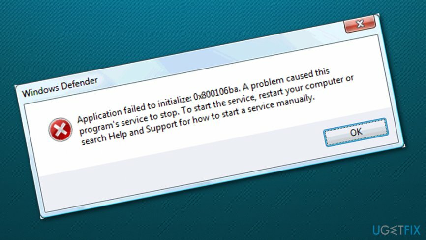 Obrázek kódu chyby programu Windows Defender 0x800106ba