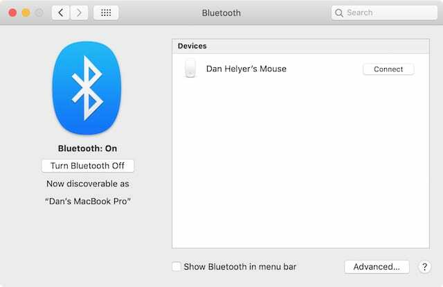 Bezdrátová myš v předvolbách Bluetooth.