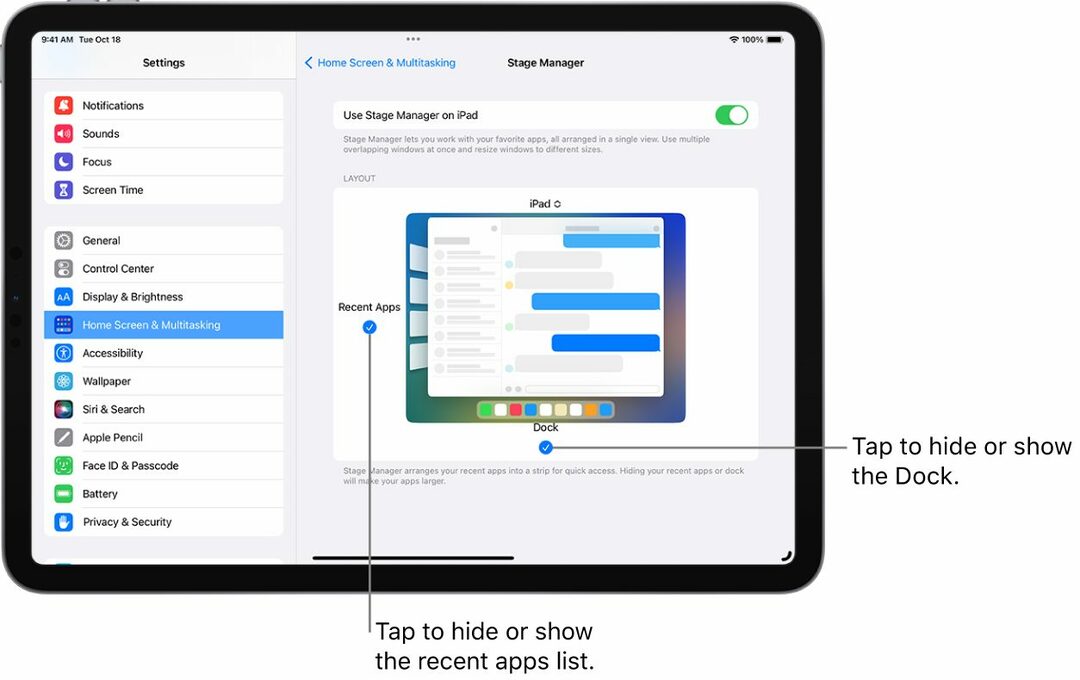 Stage Manager iPad ปิดใช้งานการเปิดใช้งานแท่นวางและแอปล่าสุด