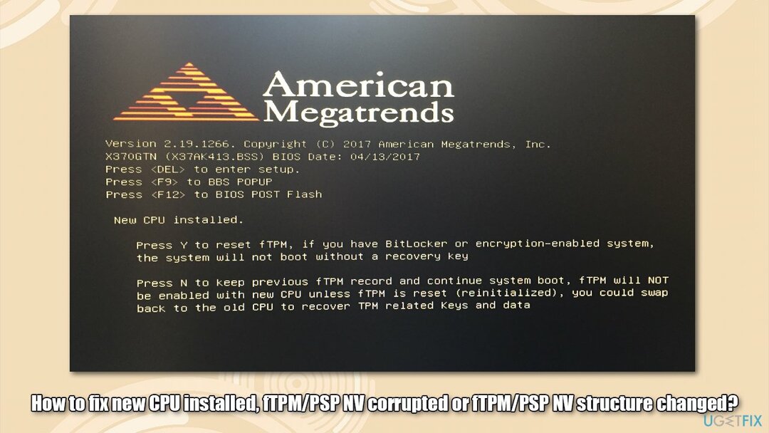 Como consertar a nova CPU instalada, fTPMPSP NV corrompido ou estrutura do fTPMPSP NV alterada?