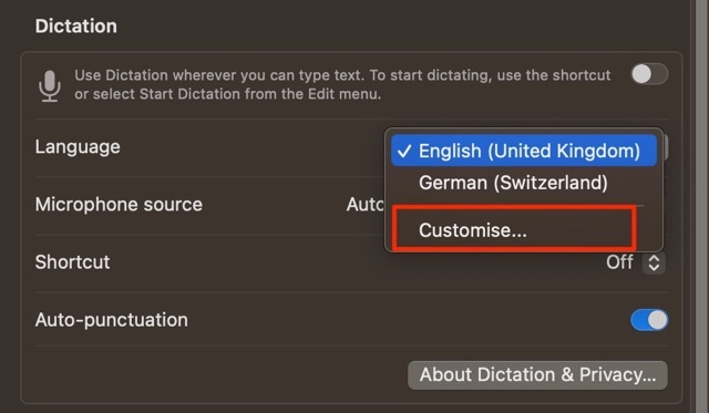 Posnetek zaslona, ​​ki prikazuje, kako prilagoditi jezike v MacOS Dictation