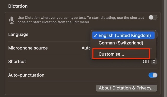 Cuplikan layar menunjukkan cara menyesuaikan bahasa di MacOS Dictation