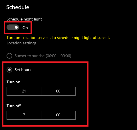 Opção de agendamento da luz noturna