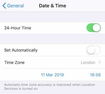 स्वचालित रूप से बंद सेट के साथ दिनांक और समय सेटिंग का स्क्रीनशॉट