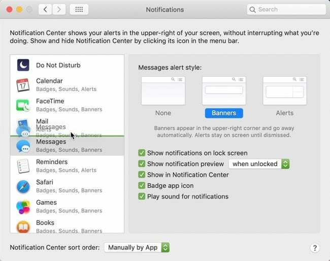 Ruční řazení aplikací Notifikační centrum Mac