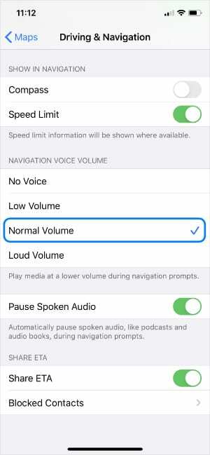 iOSマップ設定の通常の音量オプション