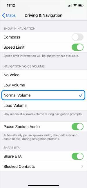 Alternativet Normalt volum fra iOS Maps-innstillinger