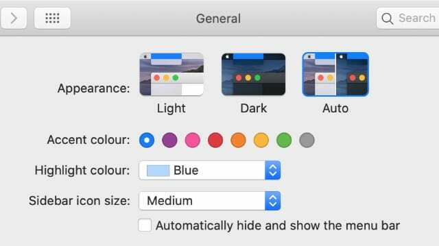 Préférences système en mode lumière sombre automatique de macOS Catalina