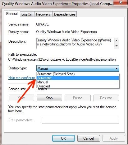 Nastavte automatický typ spustenia kvality služby Windows Audio Video Experience