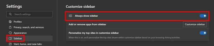 Vis altid sidebar Edge