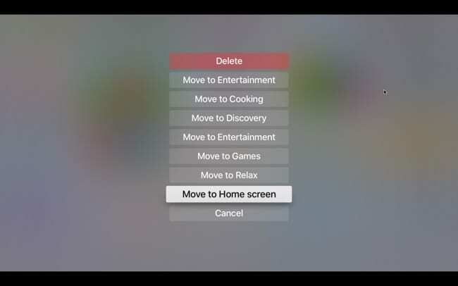 Odstranite aplikacije iz mape na Apple TV z menijem