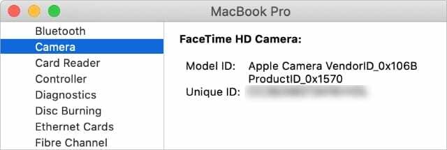 Системный отчет камеры на Mac