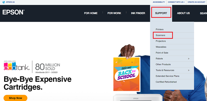 Epson Support - คลิกที่ Scanner