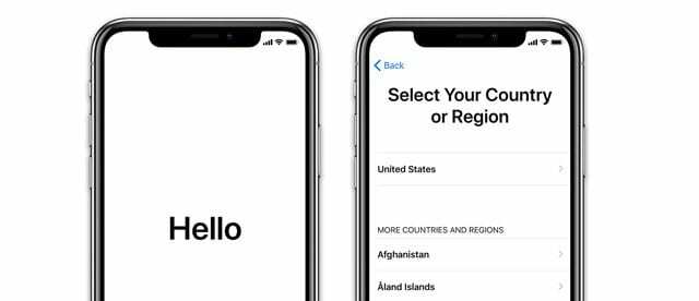 Nové nastavenie iPhone s Hello a Select Country