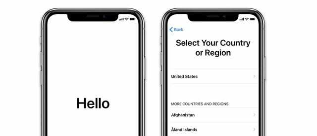 Ny iPhone-opsætning med Hej og vælg land