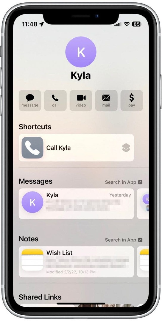 Captură de ecran a cardului de contact iPhone