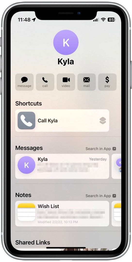 iPhone 연락처 카드의 스크린샷