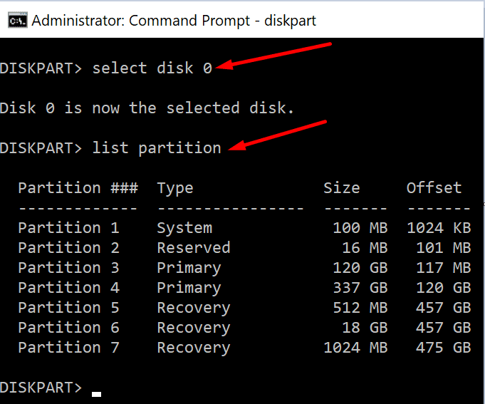 Liste der Eingabeaufforderung für die Festplattenpartition Windows 10