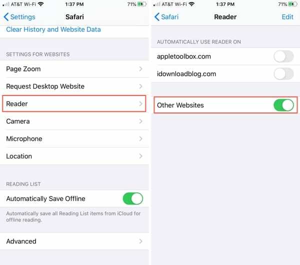 A Reader engedélyezése az összes iPhone webhelyen