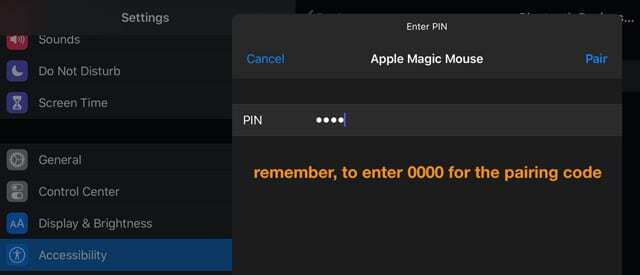 vnesite 0000 za kodo za seznanjanje na iPadOS za podporo miške
