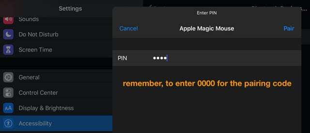 Geben Sie 0000 für einen Kopplungscode auf iPadOS für Mausunterstützung ein