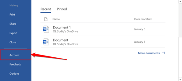 Microsoft OfficeAccount z ponuky na bočnom paneli