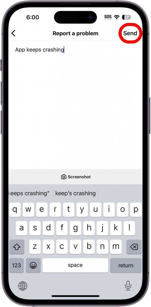 instagram rapportera ett problem på skärmen med skicka-knappen inringad i rött