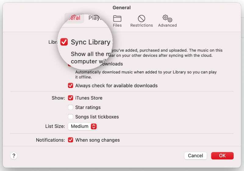 Optie Bibliotheek synchroniseren in Apple Music-voorkeuren