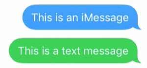 Синий iMessage над зеленым текстовым сообщением.