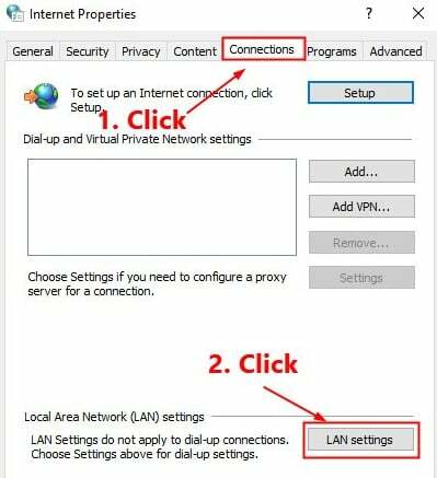 Skirtuke Connection spustelėkite LAN Settings