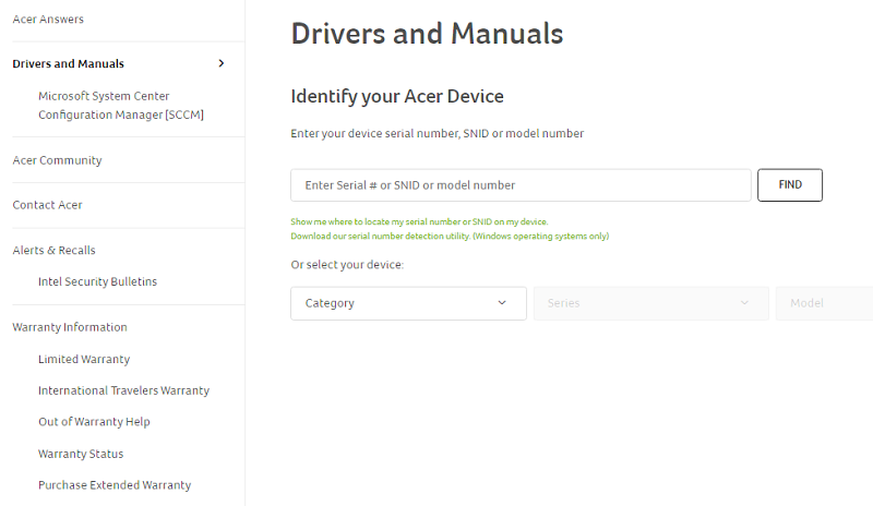 upišite i pronađite broj modela uređaja Acer