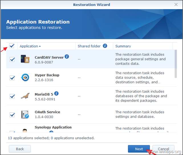 Przywróć aplikacje Synology