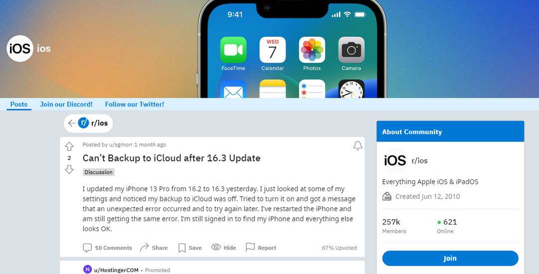 „iCloud“ įvyko „Reddit“ gijos dėl nežinomos klaidos