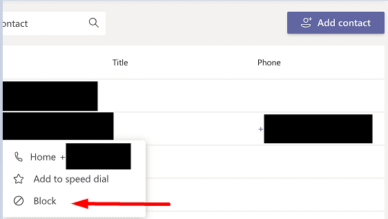 ब्लॉक Microsoft टीम संपर्क
