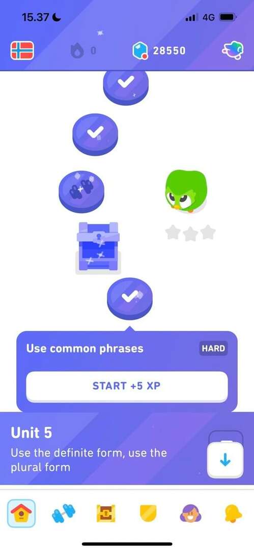 Snímek obrazovky ukazující legendární dovednosti dokončené v Duolingo