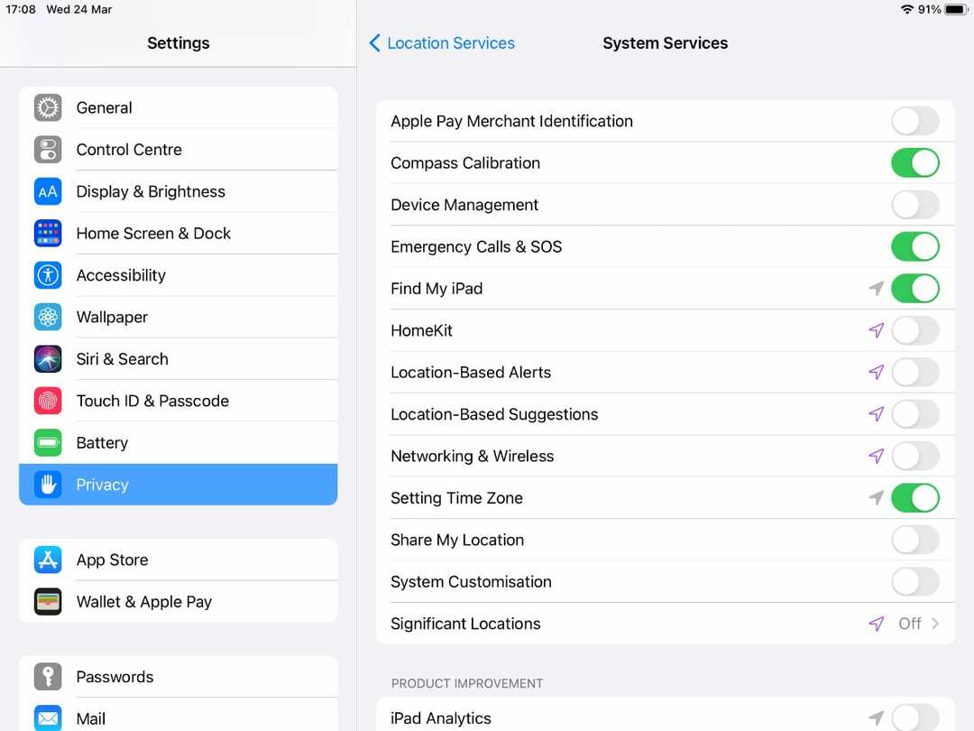 Servicii de sistem Servicii de localizare în setările iPad.
