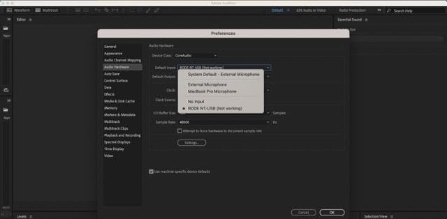 Screenshot, der zeigt, wie die Eingabe für Adobe Audition auf dem Mac geändert wird