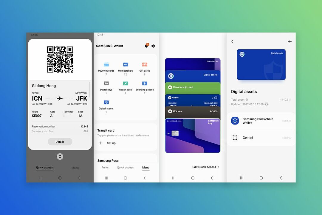 Capturas de pantalla de Samsung Wallet sobre fondo degradado.