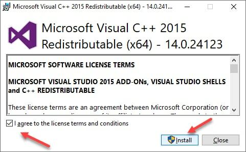 Установить распространяемый компонент Visual C ++