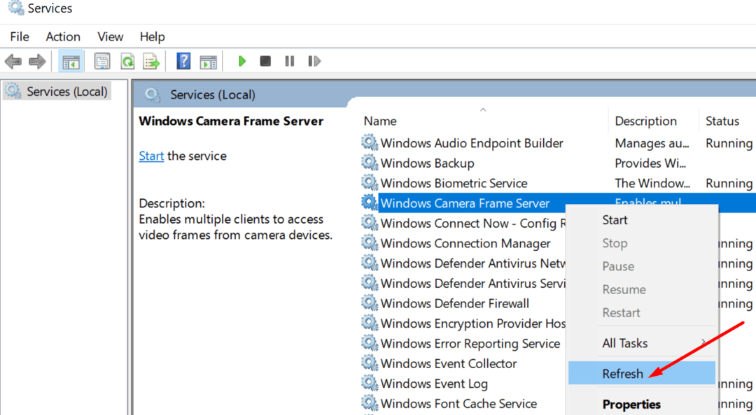 विंडोज़ कैमरा फ्रेम सर्वर सेवा ताज़ा करें