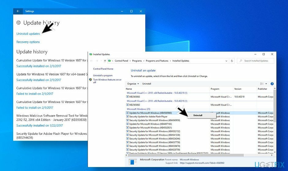 Desinstale la última actualización de Windows 10