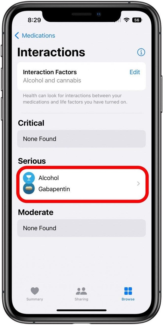 Апликација Здравље на екрану Лекови за сва упозорења о интеракцији са једним означеним упозорењем.