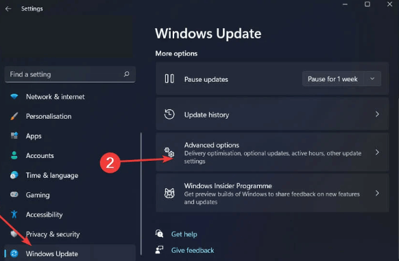 Windows Update et appuyez sur l'option Paramètres avancés