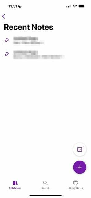 La pestaña Notas recientes en la aplicación OneNote para dispositivos móviles