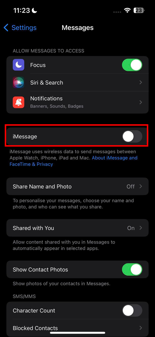 O iMessage desativado para corrigir mensagens no iCloud está desativado no momento