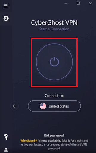 Bouton de connexion pour exécuter le VPN - Cyberghost VPN