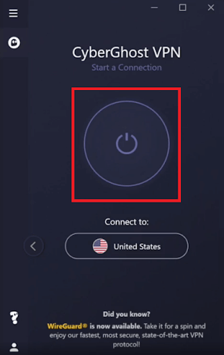 დაკავშირების ღილაკი VPN - Cyberghost VPN-ის გასაშვებად